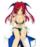  bikini breasts cameltoe cleavage eraser fountain_pen front-tie_top highres kobuichi kore_wa_zombie_desu_ka? large_breasts long_hair looking_at_viewer naegleria_nebiros navel paper pen pinky_out red_hair shiny shiny_skin side-tie_bikini sitting skindentation smile strap_gap swimsuit thigh_gap yellow_eyes 