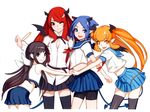  ;) absurdres angel_wings bike_shorts black_eyes black_hair black_legwear blonde_hair blue_eyes blue_hair demon_tail demon_wings halo highres holding_hands horns interlocked_fingers long_hair looking_at_viewer midriff multiple_girls navel one_eye_closed original pleated_skirt red_eyes red_hair scan school_uniform serafuku short_hair skirt smile tail thighhighs twintails vofan wings yellow_eyes zettai_ryouiki 