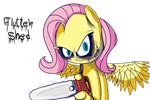  2012 absurd_res alpha_channel blue_eyes chainsaw english_text equine extradan female fluttershy_(mlp) friendship_is_magic fur hair hi_res looking_at_viewer mammal my_little_pony pegasus pink_hair plain_background smile solo text transparent_background wings yellow_fur 