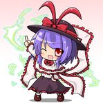  blush bow capelet chibi electricity fang hand_on_hip hat hat_bow nagae_iku open_mouth purple_hair red_eyes ribbon saturday_night_fever scarf seputok0904 short_hair skirt smile solo touhou 