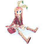  bag blue_eyes blush boots checkered kanikama long_hair original red_hair sitting solo thighhighs 