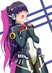  1girl black_legwear blind bodysuit d: female fingerless_gloves gloves hair_over_eyes kyoukai_senjou_no_horizon kyoukaisenjou_no_horizon mukai_suzu open_mouth purple_hair sikou solo tears 