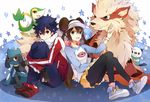  1girl arcanine black_hair black_legwear blue_eyes bow brown_hair double_bun fingerless_gloves gen_1_pokemon gen_4_pokemon gen_5_pokemon gloves holding holding_poke_ball hue_(pokemon) jacket legwear_under_shorts long_hair looking_at_viewer matako mei_(pokemon) oshawott pantyhose poke_ball pokemon pokemon_(creature) pokemon_(game) pokemon_bw2 raglan_sleeves red_eyes riolu shoes shorts sitting smile sneakers snivy spiked_hair star twintails visor_cap watch wristwatch 