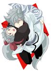  animal_ears bad_id bad_pixiv_id dual_persona fox_ears fox_tail from_above gintama grey_hair highres japanese_clothes kemonomimi_mode multiple_boys older red_eyes rokkasana sakata_gintoki silver_hair tail younger 
