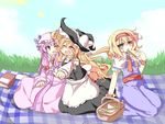  3girls alice_margatroid basket blonde_hair blue_eyes book bow braid capelet crescent day dress eating food grass hair_bow hairband hat kirisame_marisa long_hair multiple_girls open_mouth outdoors patchouli_knowledge picnic picnic_basket purple_hair ribbon sandwich sash short_hair single_braid sitting sky touhou witch_hat wrist_cuffs 