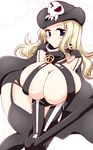  1girl black_legwear blonde_hair blue_eyes blush breasts cape cleavage detached_sleeves elbow_gloves gloves hat heart huge_breasts long_hair looking_at_viewer pirate_hat senran_kagura senran_kagura_(series) senran_kagura_shinovi_versus shiki_(senran_kagura) simple_background skull solo thighhighs wedge 