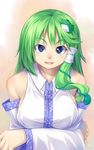  :d absurdres bare_shoulders blue_eyes detached_sleeves frog_hair_ornament green_hair h_kasei hair_ornament hair_tubes highres kochiya_sanae long_hair looking_at_viewer open_mouth pinky_out smile snake solo touhou upper_body 