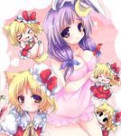  &gt;_&lt; :d ^_^ animal_ears bare_shoulders blonde_hair bow breast_hold breasts bunny_ears cat_ears chibi cleavage clone closed_eyes crescent crescent_hair_ornament flandre_scarlet four_of_a_kind_(touhou) hair_bow hair_ornament kemonomimi_mode large_breasts light_smile lingerie long_hair looking_at_viewer multiple_girls negligee open_mouth oshiruko_(uminekotei) patchouli_knowledge purple_eyes red_eyes smile touhou underwear xd 