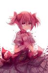  bow choker crying cuivre dress gloves hair_bow hands_on_own_chest kaname_madoka magical_girl mahou_shoujo_madoka_magica pink_dress pink_eyes pink_hair puffy_sleeves shirt short_sleeves smile solo tears twintails white_gloves 