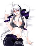  blush breasts cleavage large_breasts long_hair looking_at_viewer lying navel open_mouth ponytail red_eyes silver_hair solo toyu unzipped vocaloid yowane_haku 
