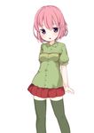  :o absurdres buttons green_legwear highres looking_at_viewer muku_(muku-coffee) original pink_hair puffy_sleeves purple_eyes shirt short_hair short_sleeves simple_background skirt solo standing thighhighs white_background zettai_ryouiki 