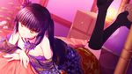  asami_asami bare_shoulders black_hair boots breasts chest_of_drawers game_cg japanese_clothes long_hair looking_at_viewer lying no_bra on_stomach re:birth_colony red_eyes rindou_airi side_ponytail small_breasts smile solo 