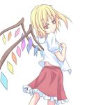  back blonde_hair colored_eyelashes eyelashes flandre_scarlet looking_at_viewer looking_back lv21 no_hat no_headwear open_clothes open_shirt pose red_eyes shirt side_ponytail skirt smile solo touhou undressing wings 