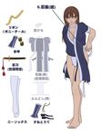  absurdres bare_legs barefoot breasts brown_hair bula choker dead_or_alive dressing flat_color fundoshi hair_down highres japanese_clothes kasumi_(doa) long_hair medium_breasts ninja no_bra short_sleeves solo standing thighhighs translation_request tying 