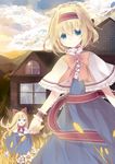  alice_margatroid blonde_hair blue_eyes bow capelet cloud day dress hair_bow hairband house kuromomo outdoors ribbon sash shanghai_doll short_hair sky smile touhou wrist_cuffs 