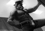  anthro belt biceps body_hair bovine buffalo bulge bull chest_tuft clothed clothing cureboltium fur hairy half-dressed happy_trail hat horn locker_room male mammal muscles nipples pants pecs police pose rufferstuff solo standing topless trousers tuft underwear undressing uniform 