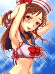  armpits arms_up arumaji_(kiss_kill_lila) beret blush breasts brown_hair choker cleavage dixie_cup_hat hat idolmaster idolmaster_cinderella_girls medium_breasts midriff military_hat navel nitta_minami open_mouth orange_eyes sailor_collar solo sweat wrist_cuffs 