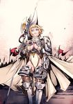  armor blonde_hair breasts copyright_request earrings flag halberd jewelry medium_breasts polearm purple_eyes short_hair solo thighs weapon yoshida_tooru 