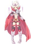  adapted_costume blush boots cape cosplay full_body fusion hakuryuu_(inazuma_eleven) inazuma_eleven_(series) inazuma_eleven_go inazuma_eleven_go_chrono_stone kensei_lancelot_(armed) keshin_armed long_hair male_focus multicolored_hair navel red_eyes simple_background solo standing tobi_(one) translated two-tone_hair white_background 