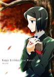  a_k_1 bangs birthday black_eyes black_hair book command_spell fate/zero fate_(series) green_eyes happy_birthday male_focus parted_bangs smile solo tree waver_velvet 