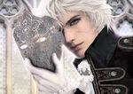  blue_eyes blurry depth_of_field face gloves grey light_smile lips looking_at_viewer male_focus mask negshin original photorealistic scar silver_hair solo white window 