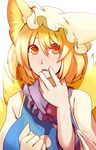  :o animal_ears blonde_hair blush breasts commentary dearmybrothers fox_ears fox_tail hand_to_own_mouth highres large_breasts looking_at_viewer multiple_tails solo tail touhou upper_body yakumo_ran yellow_eyes 