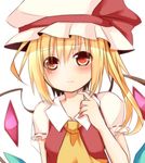 ascot blonde_hair blush flandre_scarlet hat hat_ribbon puffy_sleeves red_eyes ribbon shirt short_sleeves side_ponytail solo tears tosura-ayato touhou upper_body vest wings 