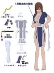  absurdres bare_legs barefoot breasts brown_hair bula choker dead_or_alive dressing flat_color hair_down highres japanese_clothes kasumi_(doa) long_hair medium_breasts ninja pelvic_curtain sash short_sleeves solo standing thighhighs translation_request tying 