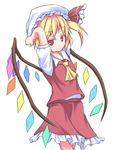  arms_behind_head arms_up ascot blonde_hair colored_eyelashes eyelashes flandre_scarlet hat hat_ribbon looking_at_viewer lv21 pose puffy_sleeves red_eyes ribbon shirt short_sleeves side_ponytail skirt skirt_set smile solo touhou vest wings 