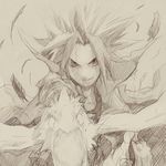  &gt;:) bad_id bad_pixiv_id bird chigen feathers graphite_(medium) jing_(jing_king_of_bandits) jing_king_of_bandits kir_(jing_king_of_bandits) male_focus monochrome outstretched_arm sketch smile traditional_media v-shaped_eyebrows 