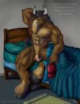  anthro arms_behind_head balls bed biceps big_penis blanket bodybuilder bovine bull cattle flaccid fur green_eyes hat hooves horn looking_at_viewer male mammal muscles nipples nude pecs penis pillow pose sheath sitting solo sudonym vein weights 
