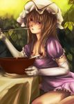  bad_id bad_pixiv_id blonde_hair bonnet bowl breasts cleavage elbow_gloves gloves kirieppa long_hair medium_breasts red_eyes solo spoon touhou yakumo_yukari 