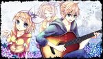  1girl blonde_hair blue_eyes brother_and_sister crossed_legs guitar hair_ribbon hiromi_(pico_milk) instrument kagamine_len kagamine_rin musical_note open_mouth ribbon short_hair siblings sitting twins vocaloid 