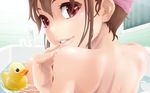  back bare_shoulders bath blush brown_hair commentary_request from_behind grin hair_up highres long_hair looking_back md5_mismatch original red_eyes rubber_duck smile solo towel towel_on_head water wet yuki18r 