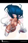  animal_ears big_hair blue_eyes blue_hair breasts cat_ears cat_tail claws felicia fur green_eyes large_breasts long_hair paws pop-lee solo tail vampire_(game) 
