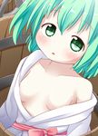  aqua_hair blush breasts bucket collarbone downblouse green_eyes highres in_bucket in_container japanese_clothes kimono kisume looking_at_viewer makuran medium_breasts off_shoulder open_clothes open_kimono open_mouth sash short_hair solo touhou wooden_bucket yukata 