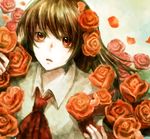  black_hair flower fuyuyuki_gekka highres ib ib_(ib) long_hair red_eyes red_flower red_rose rose shirt solo white_shirt 