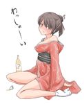  blush bottle breasts brown_eyes brown_hair gertrud_barkhorn hakusen-hiki japanese_clothes off_shoulder sitting solo strike_witches world_witches_series 