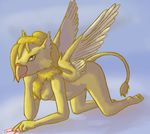  beak blonde_hair breasts butt card cloud echoeternal eyrie female fiorina_(character) fold_wings fur gryphon hair hindpaw looking_at_viewer mane neopets paws solo tail_tuft tuft virgin wings yellow yellow_fur 