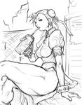  bracelet breasts bun_cover china_dress chinese_clothes chun-li crossed_legs double_bun dress drink greyscale hair_ribbon jewelry large_breasts monochrome narumero pantyhose pelvic_curtain ribbon short_hair sipping sitting solo spiked_bracelet spikes street_fighter thick_thighs thighs 