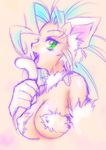  animal_ears bare_shoulders blue_hair cat_ears fangs felicia from_side fur green_eyes kisaragi_miyuki sketch tail_licking tongue vampire_(game) 