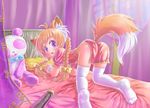  animal_ears blush bow braids chinese_dress doll foxgirl long_hair nopan orange_hair original panda purple_eyes renaoka tail thighhighs 