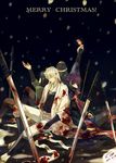  6cat absurdres black_hair brown_hair candy christmas field_of_blades food gintama headband highres japanese_clothes joui katana katsura_kotarou kimono male_focus multiple_boys planted_sword planted_weapon purple_hair sakamoto_tatsuma sakata_gintoki silver_hair snowing sword takasugi_shinsuke weapon white_hair 