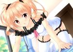 :o azure_(capriccio) bad_id bad_pixiv_id bed blonde_hair blush bow brown_eyes collarbone garter_straps garters highres looking_at_viewer open_mouth original pov red_eyes short_hair solo thighhighs twintails v-shaped_eyebrows white_legwear window 