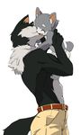  belt black_fur canine clothing cub dog duo eyes_closed fur grey_fur happy kissing male mammal manmosu_marimo marimo pants plain_background puppy size_difference topless white_background young 