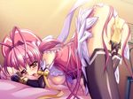  1girl bed blush breasts brown_eyes cosplay_alien game_cg larfa panties pink_hair short_hair underwear 