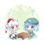  :&lt; :3 animal_ears blue_eyes blue_hair blush board_game cattail chibi ech fan go hair_bobbles hair_ornament hat inubashiri_momiji kawashiro_nitori kneeling multiple_girls musical_note plant playing_games seiza short_hair sitting skirt smile sweatdrop tail tokin_hat touhou two_side_up 