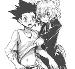  2boys animal_ears cat_ears gon_freecss hunter_x_hunter male male_focus multiple_boys nefelpitou terpsichore trap undressing wavy_hair 