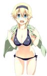  :d bikini black_bikini blonde_hair blue_eyes blush breasts cleavage cowboy_shot cropped_legs hairband himura_kiseki large_breasts leaning_forward looking_at_viewer navel no_nose open_mouth original side-tie_bikini smile solo swimsuit towel towel_around_neck white_background 