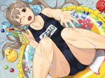  1girl breasts brown_eyes brown_hair game_cg hair_ornament long_hair looking_at_viewer open_mouth school_swimsuit shima_ushitora solo spread_legs swimsuit twintails water water_gun wet wink 